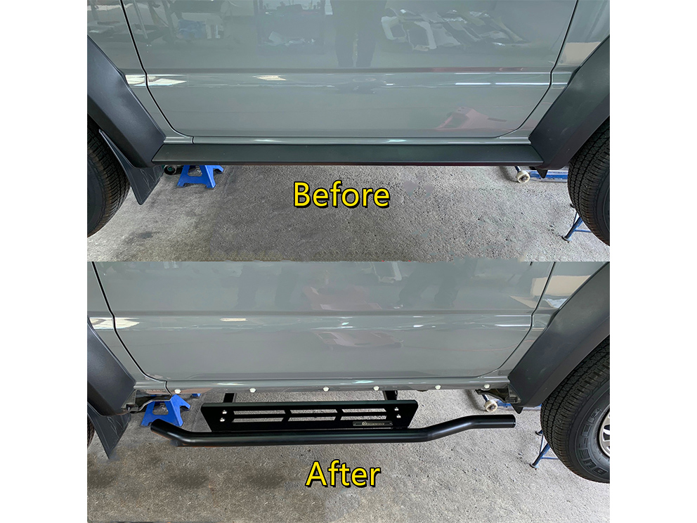 Comparison of before and after installing aftermarket parts (side bars)